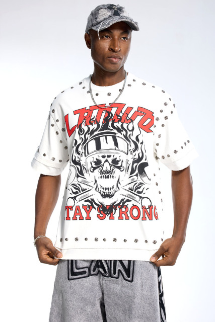 Custom Oversized White T-Shirt - Flame Skull Graphic & Silver Stud Embellishments High Street Top
