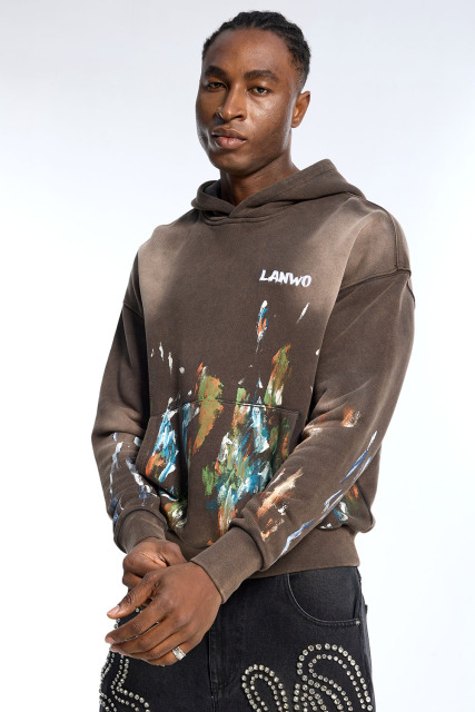 Custom Men's Brown Wash Hoodie Paint Splatter Print Streetwear Hoodie