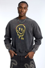 Custom Men's Black Wash Sweatshirt - Drippy Smiley Print & Distressed Detail Streetwear Top