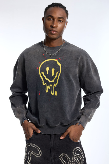 Custom Men's Black Wash Sweatshirt - Drippy Smiley Print & Distressed Detail Streetwear Top