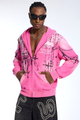 Custom Men's Pink Gradient Zip-Up Hoodie Studded & Chain Print Streetwear Jacket