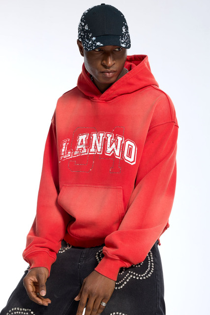 Custom Men's Red Wash Hoodie Rhinestone Outline & Distressed Print Streetwear Hoodie