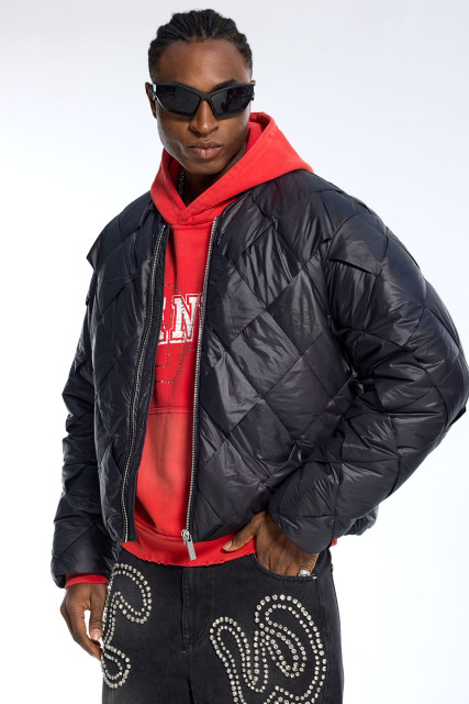 Custom Oversized Black Diamond Quilt Puffer Jacket - High Street Cropped Puffer Coat