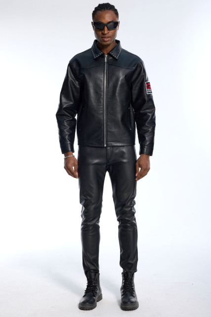 Custom Men's Black Faux Leather 2 Piece Set - Studded Collar Jacket & Slim Pants Streetwear Outfit