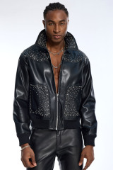 Custom Men's Black Faux Leather Jacket - Studded Collar & Pocket Streetwear Bomber