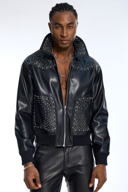 Custom Men's Black Faux Leather Jacket - Studded Collar & Pocket Streetwear Bomber