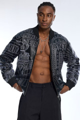 Custom Oversized Black Leather Bomber Jacket - White Stitch Building Graphic High Street Coat