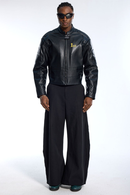 Custom Vintage Black Leather Jacket - Padded Shoulder & Embossed Sleeve Detail