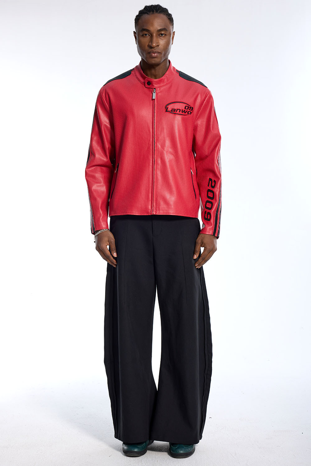 Custom Vintage Red Leather Jacket - Stand Collar & Contrast Panel Detail