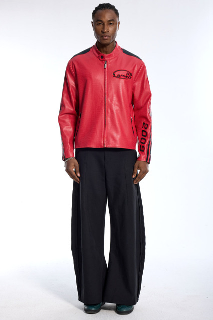 Custom Vintage Red Leather Jacket - Stand Collar & Contrast Panel Detail