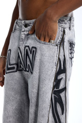 Custom Men's Grey Wash Denim Jorts - LANWO Embroidery & Flame Stripe Streetwear Shorts