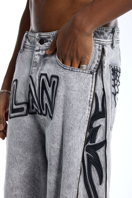 Custom Men's Grey Wash Denim Jorts - LANWO Embroidery & Flame Stripe Streetwear Shorts