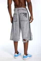 Custom Men's Grey Wash Denim Jorts - LANWO Embroidery & Flame Stripe Streetwear Shorts