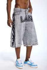 Custom Men's Grey Wash Denim Jorts - LANWO Embroidery & Flame Stripe Streetwear Shorts