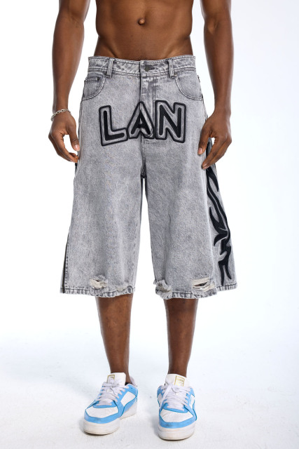 Custom Men's Grey Wash Denim Jorts - LANWO Embroidery & Flame Stripe Streetwear Shorts