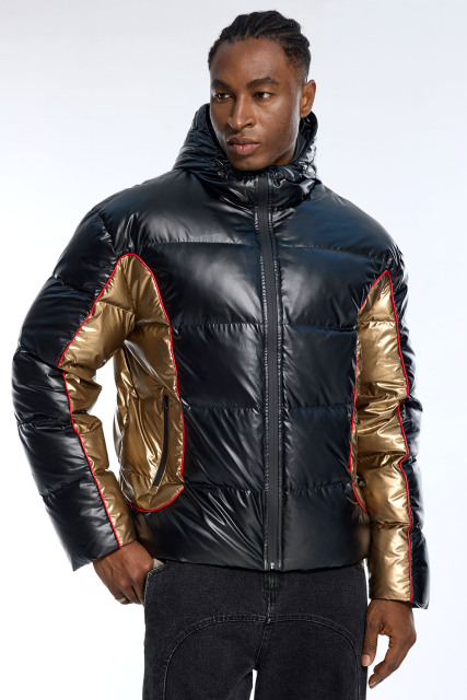 Oversized Metallic Gold Accent Puffer Jacket for Men | Waterproof Winter Hooded Padded Coat