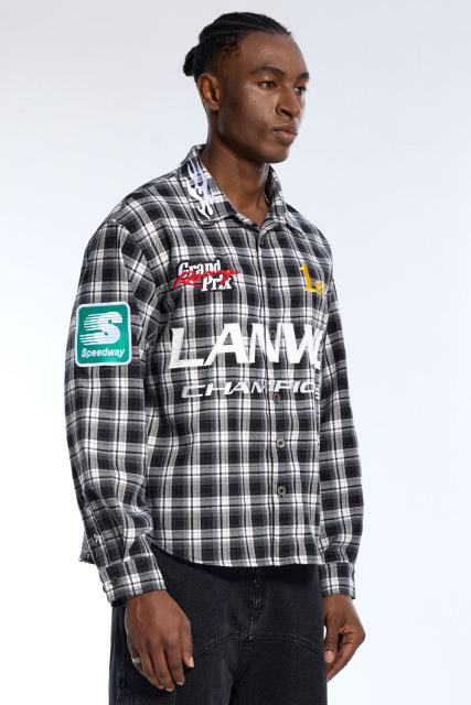 Custom LANWE Champion Racing-Inspired Black Plaid Button Up Shirt for Men