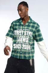 Wholesale Custom Green Plaid Rhinestone Streetwear Shirt - OEM Fake Two-Piece Button Up