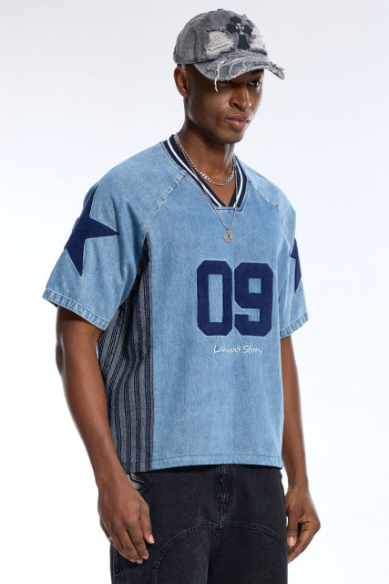 Custom Oversized Light Wash Denim Sports Jersey with Star Patch & Lanwo Story Embroidery