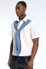 Custom Men's White Short Sleeve Shirt with Blue Plaid Tie Detail - Streetwear Button Down
