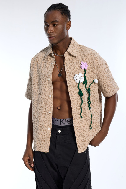 Custom Men's Beige Floral Embossed Shirt with Crochet Flower Applique - Short Sleeve Streetwear Top