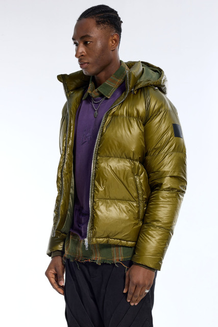 Custom Men's Olive Green Shiny Puffer Jacket - Cropped Hooded Winter Padded Coat