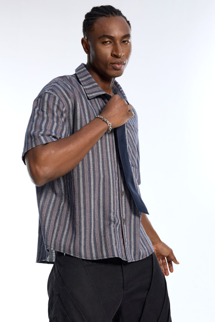 Custom Men's Blue Striped Short Sleeve Shirt with Tie Accent - Streetwear Button Down