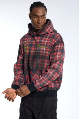 Custom Men's Red Black Plaid LANWO Yacht Club Hoodie - Vintage Distressed Sweatshirt