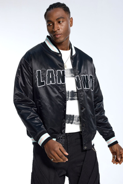 Custom Men's Black Satin LANWO Varsity Jacket - Striped Rib Streetwear Bomber
