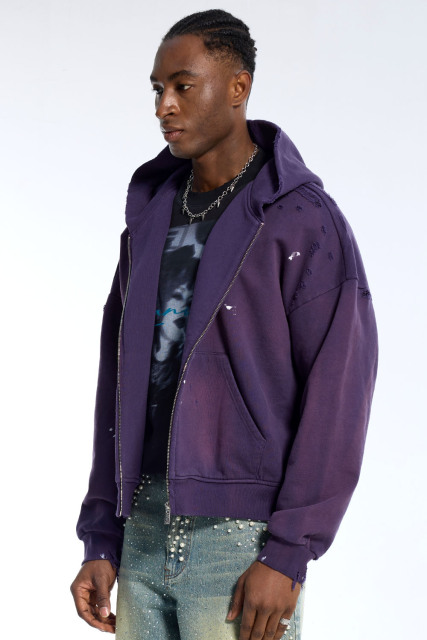Custom Men's Purple Distressed Zip-Up Hoodie - Oversized Paint Splatter Streetwear Jacket