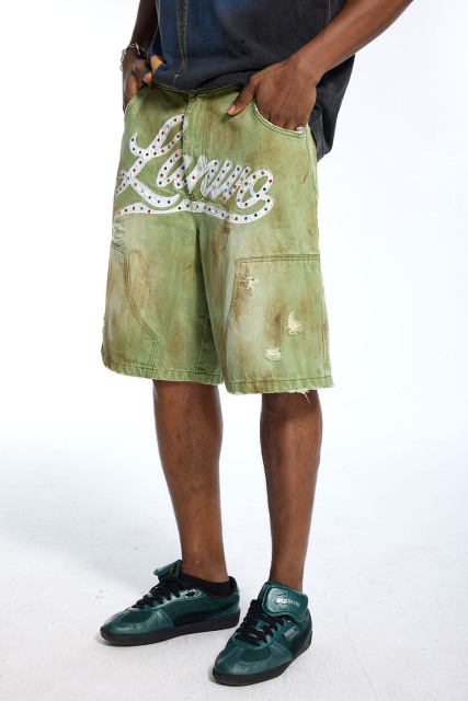 Wholesale Custom Green Denim Shorts - OEM LANWO Rhinestone Embellished Baggy Shorts