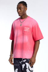 Custom Oversized Pink Gradient Washed T-Shirt with Paint Splatter - High Street Casual Top