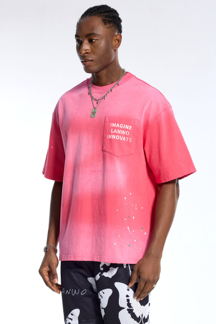 Custom Oversized Pink Gradient Washed T-Shirt with Paint Splatter - High Street Casual Top