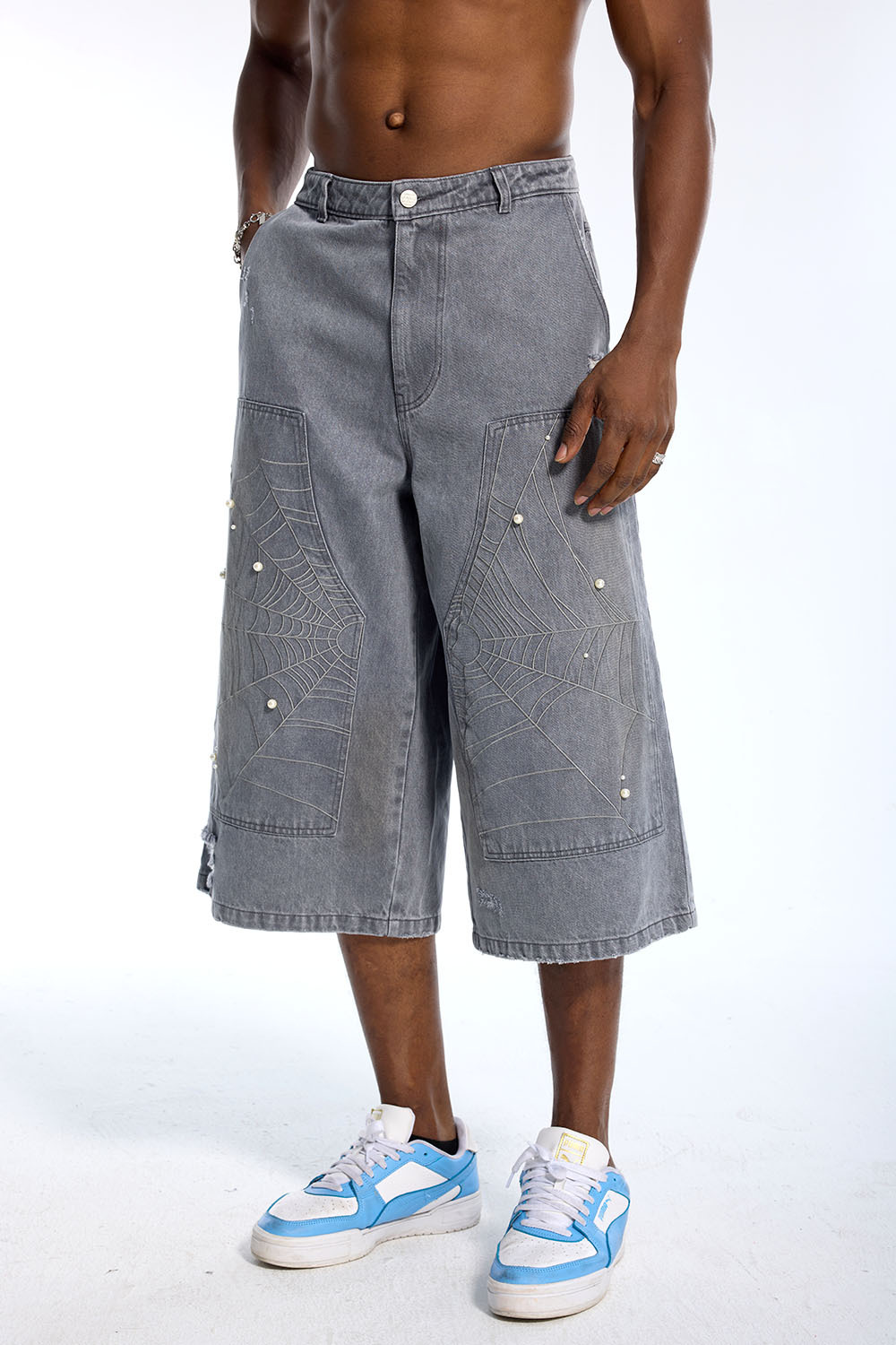 Custom Oversized Grey Washed Denim Shorts - Distressed Spider Web & Pearl Detail Baggy Shorts