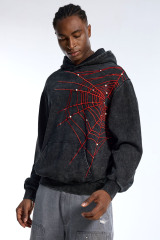 Custom Men's Black Washed Hoodie - Red Spider Web Embroidery & Pearl Embellished Streetwear Pullover