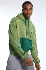 Custom Oversized Green Two-Tone Hoodie - Ripped Detail & Contrast Pocket Streetwear Sweatshirt