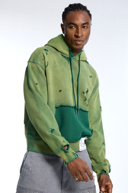 Custom Oversized Green Two-Tone Hoodie - Ripped Detail & Contrast Pocket Streetwear Sweatshirt