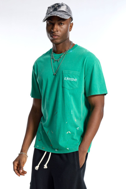 Custom Men's Green Paint Splatter Pocket T-Shirt  Gothic Script Streetwear Tee