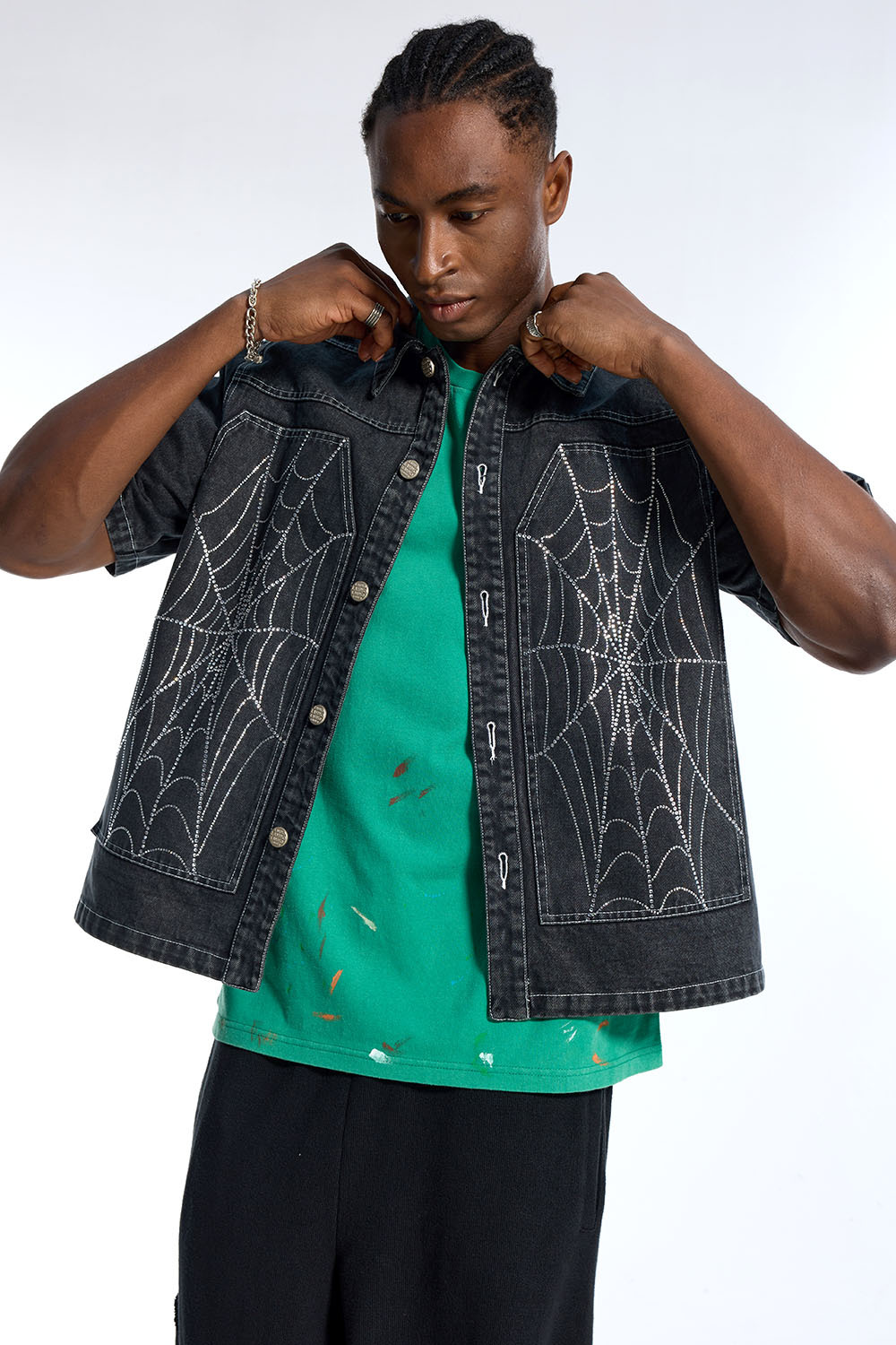 Custom Men's Black Denim Short Sleeve Shirt - Rhinestone Spider Web Embellished Streetwear Top