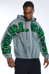 Custom Men's Denim Zip-Up Hoodie Pixelated Chenille Lettering Streetwear Jacket