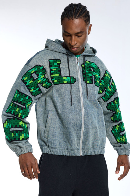 Custom Men's Denim Zip-Up Hoodie Pixelated Chenille Lettering Streetwear Jacket