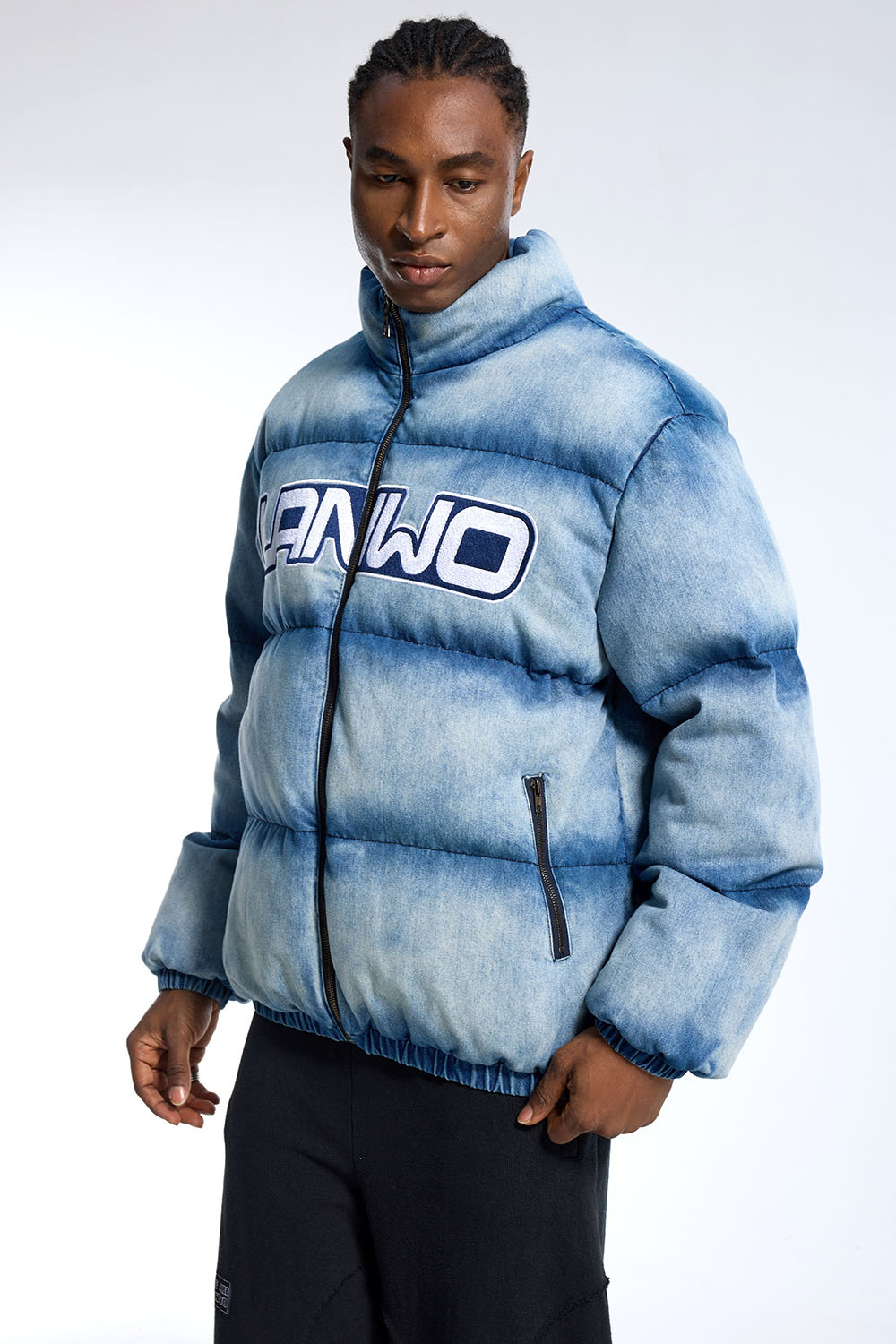 Custom Men's Gradient Denim Puffer Jacket Embroidered Logo Streetwear Winter Coat