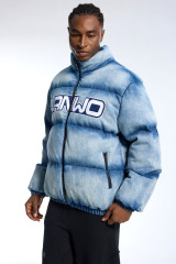 Custom Men's Gradient Denim Puffer Jacket Embroidered Logo Streetwear Winter Coat