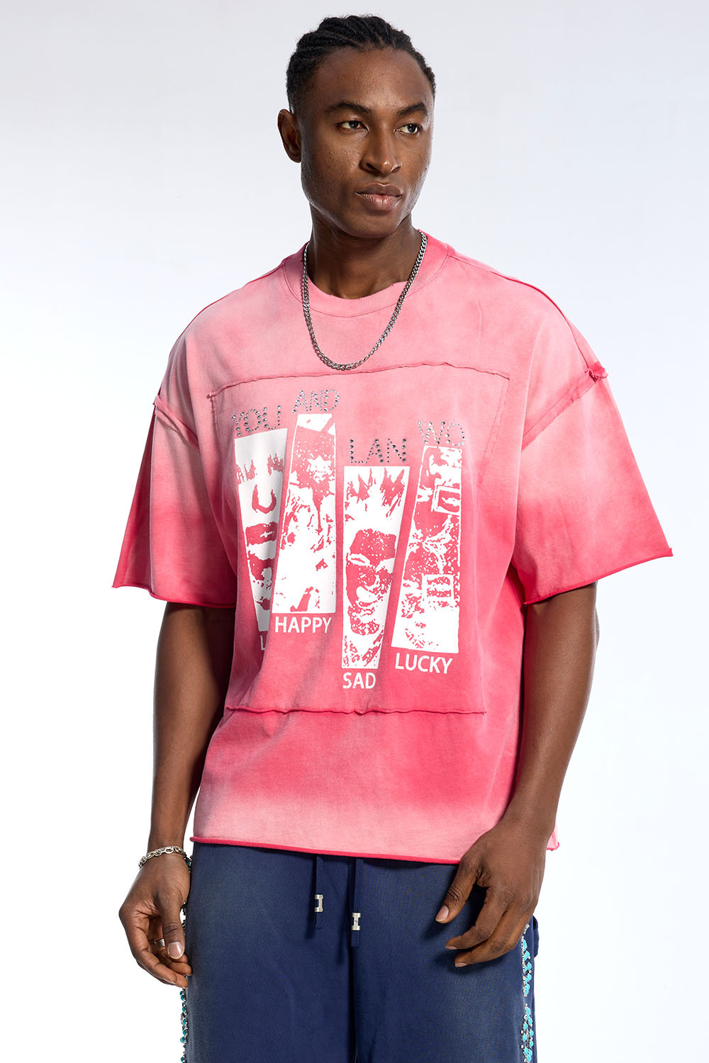 Custom Oversized Pink Gradient Washed Tee - "Happy Sad Lucky" Print High Street Casual Top