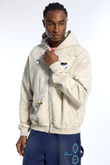 Custom Oversized Washed Beige Hoodie - Butterfly Patch & Distressed Rips High Street Zip-Up