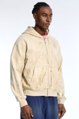 Custom Oversized Washed Beige Hoodie - Gold Brush Stroke Detail High Street Zip-Up