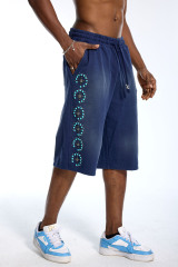 Custom Oversized Washed Navy Shorts - Turquoise Cross Stud Detail High Street Casual Shorts