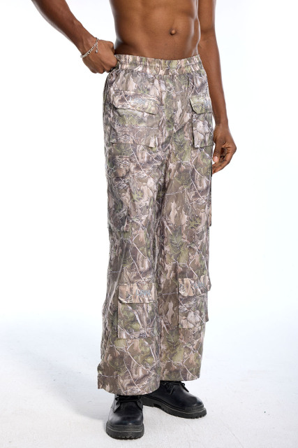 Custom Vintage Camo Cargo Pants - Tree Camo Print & Drawstring Waist Casual Pants