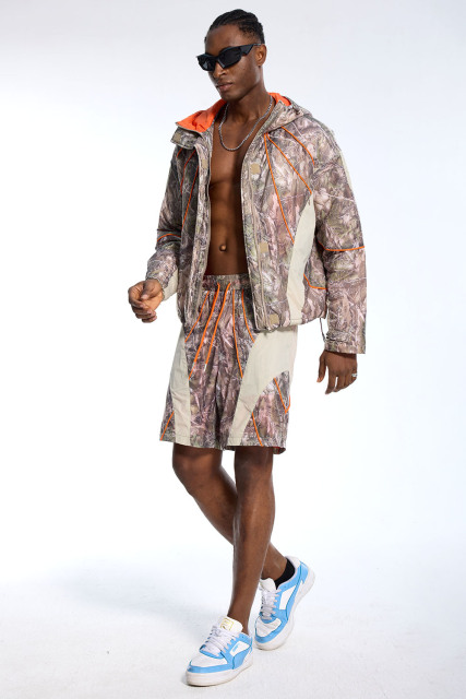 Custom Oversized Camouflage Tracksuit - Tree Camo Windbreaker & Matching Shorts High Street Set