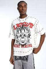 Custom Oversized White T-Shirt - Flame Skull Graphic & Silver Stud Embellishments High Street Top